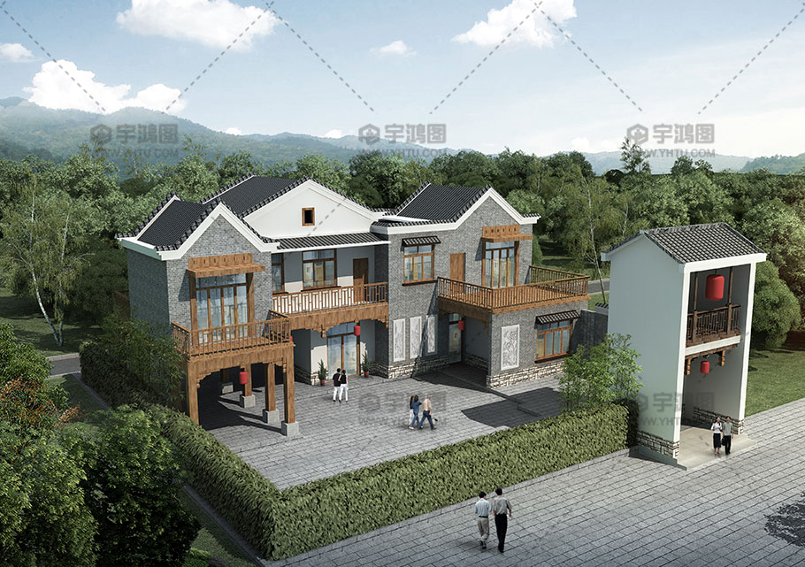 清新別致二層鄉村中式帶庭院別墅設計圖紙及效果圖